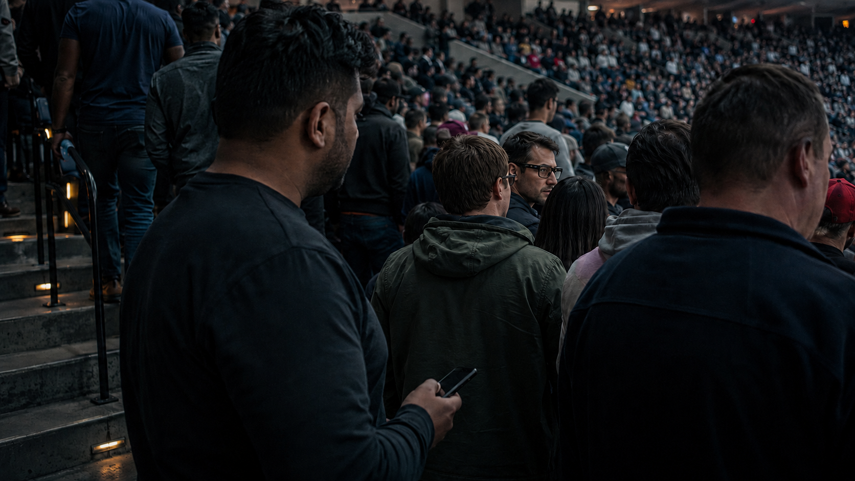 Crowded arena audience viewed from behind, illustrating why a Bluetooth scan can provide a minimum but not an exact count of nearby devices.