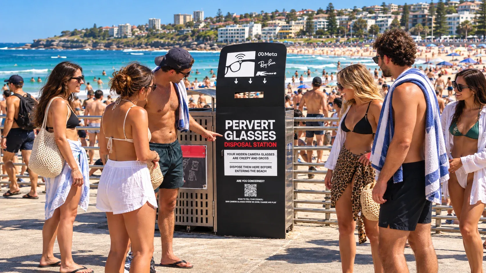 Beachgoers gather around a black installation labelled "Pervert Glasses Disposal Station" beside the promenade at Bondi Beach, with swimmers and beachfront buildings behind them.