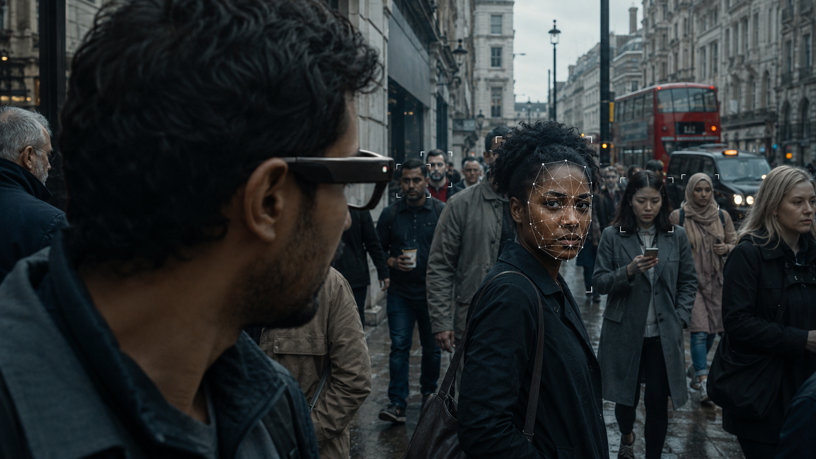 A staged London street scene shows a person wearing dark smart glasses facing a woman whose face is overlaid with a facial-recognition mesh, with pedestrians, red buses and historic buildings in the background.