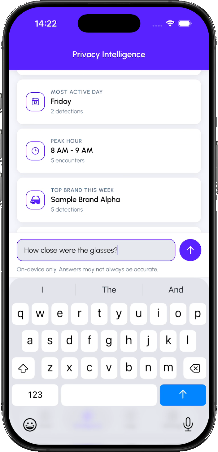 NearLens Privacy Intelligence on an iPhone, showing activity summaries and a chat question asking how close the glasses were.