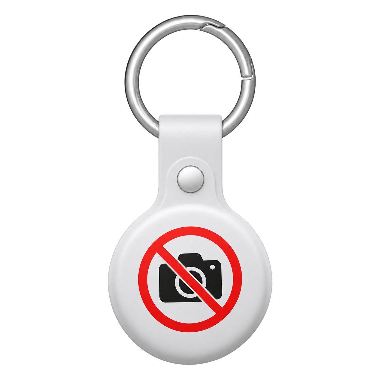 A white keychain with a metal ring and a red no-photography symbol.