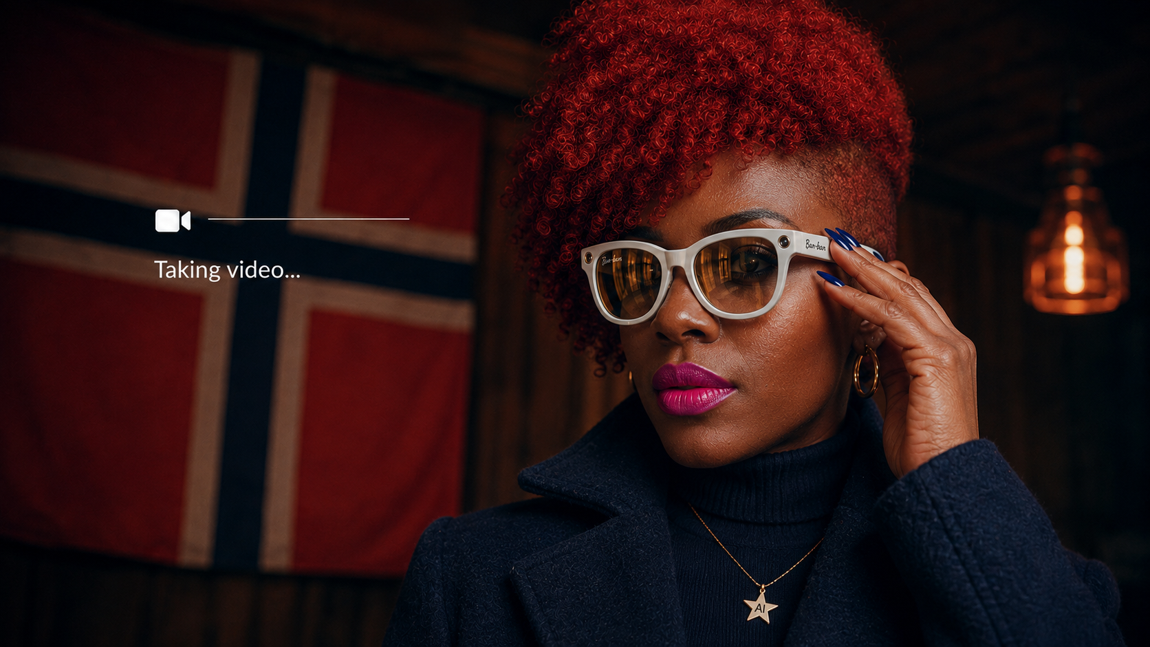 A woman wearing camera-enabled glasses adjusts the frames while a recording indicator appears beside her.