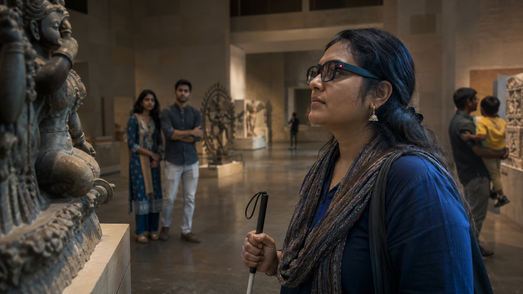 A woman wearing camera-enabled smart glasses and holding a white cane looks toward a sculpture in a museum gallery while other visitors stand behind her.