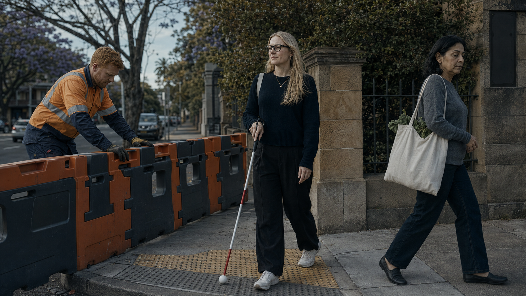 A woman holding a white cane walks along a city sidewalk while another woman passes beside her and a worker stands behind construction barriers.