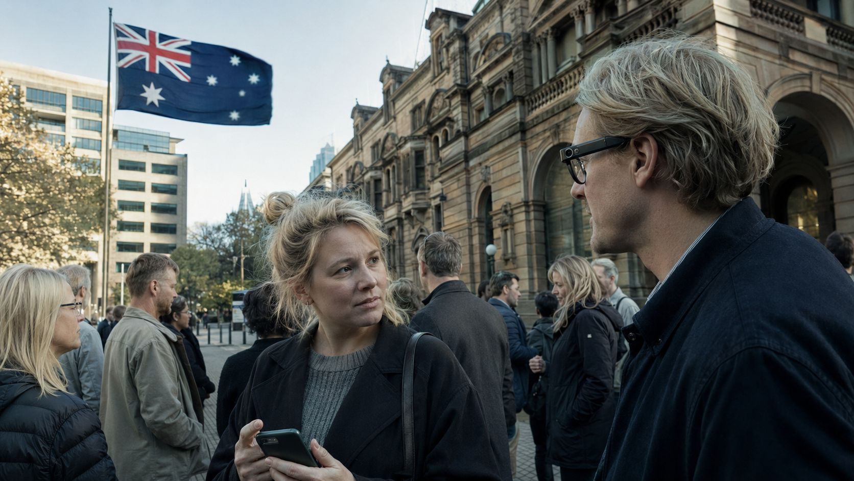 A group of adults gathers outside Sydney Town Hall beneath a large Australian flag; a gray-haired person wearing black-framed glasses with a small dark module at the temple faces a woman holding a phone, while other residents stand nearby.