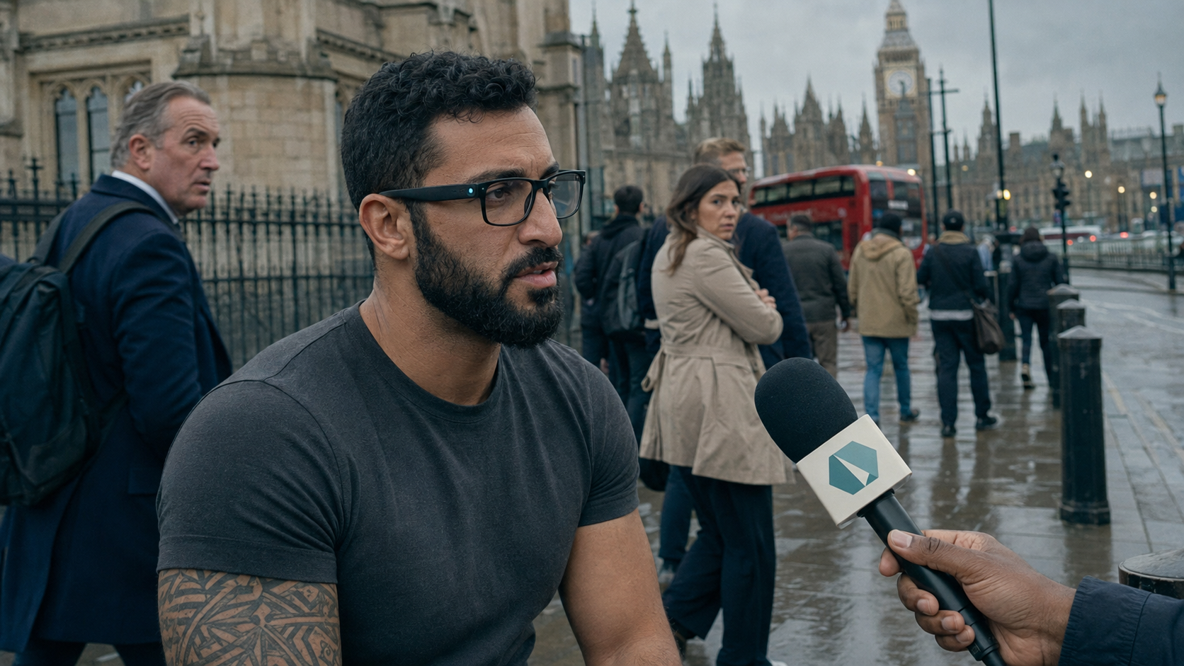 A bearded man wearing dark-framed glasses faces a microphone on a rainy London street, with pedestrians, a red bus, and the Palace of Westminster in the background.