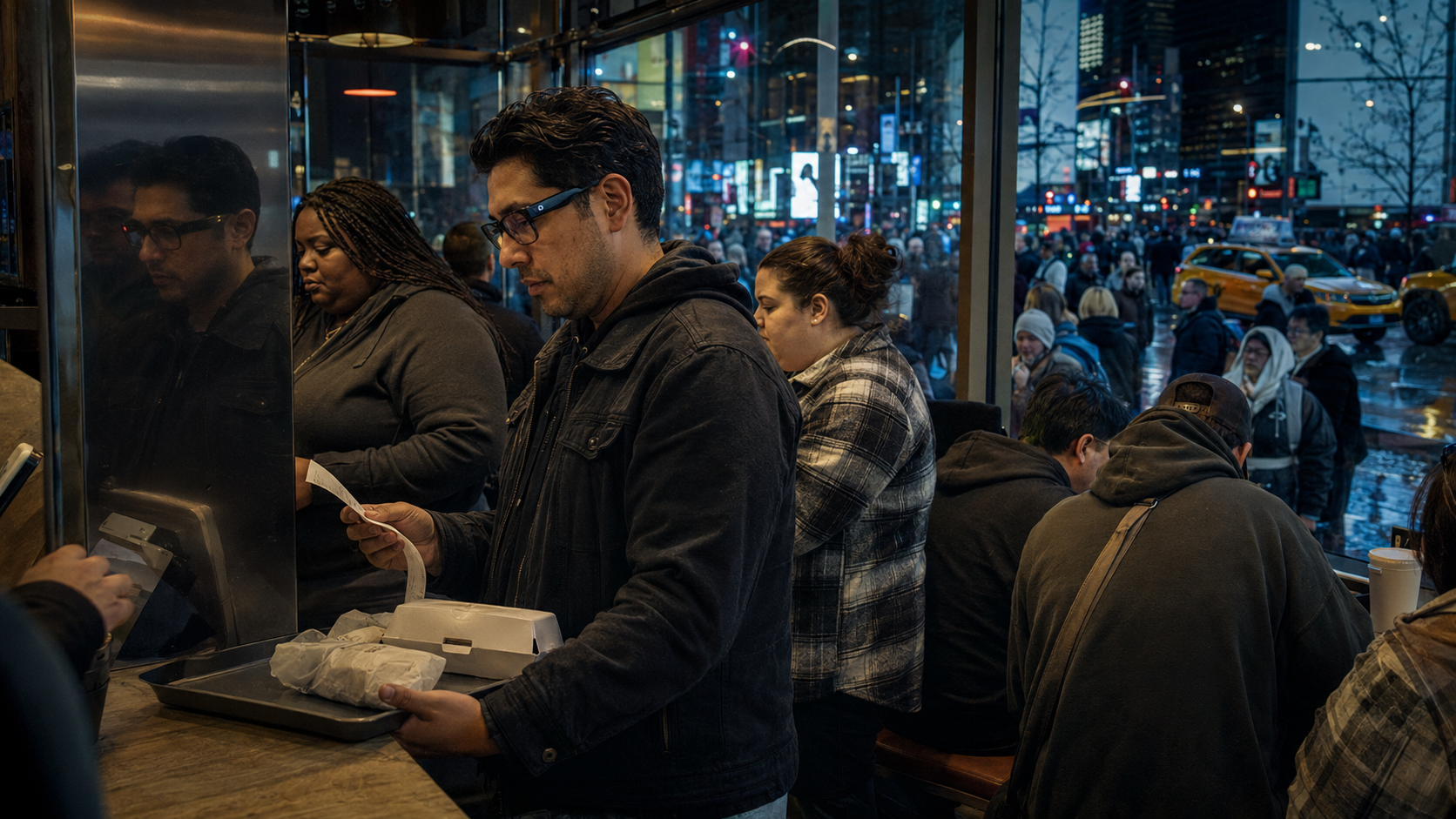A person wearing dark-framed glasses stands among a crowd inside a busy fast-food restaurant in New York's Times Square, with city lights and yellow taxis visible outside.