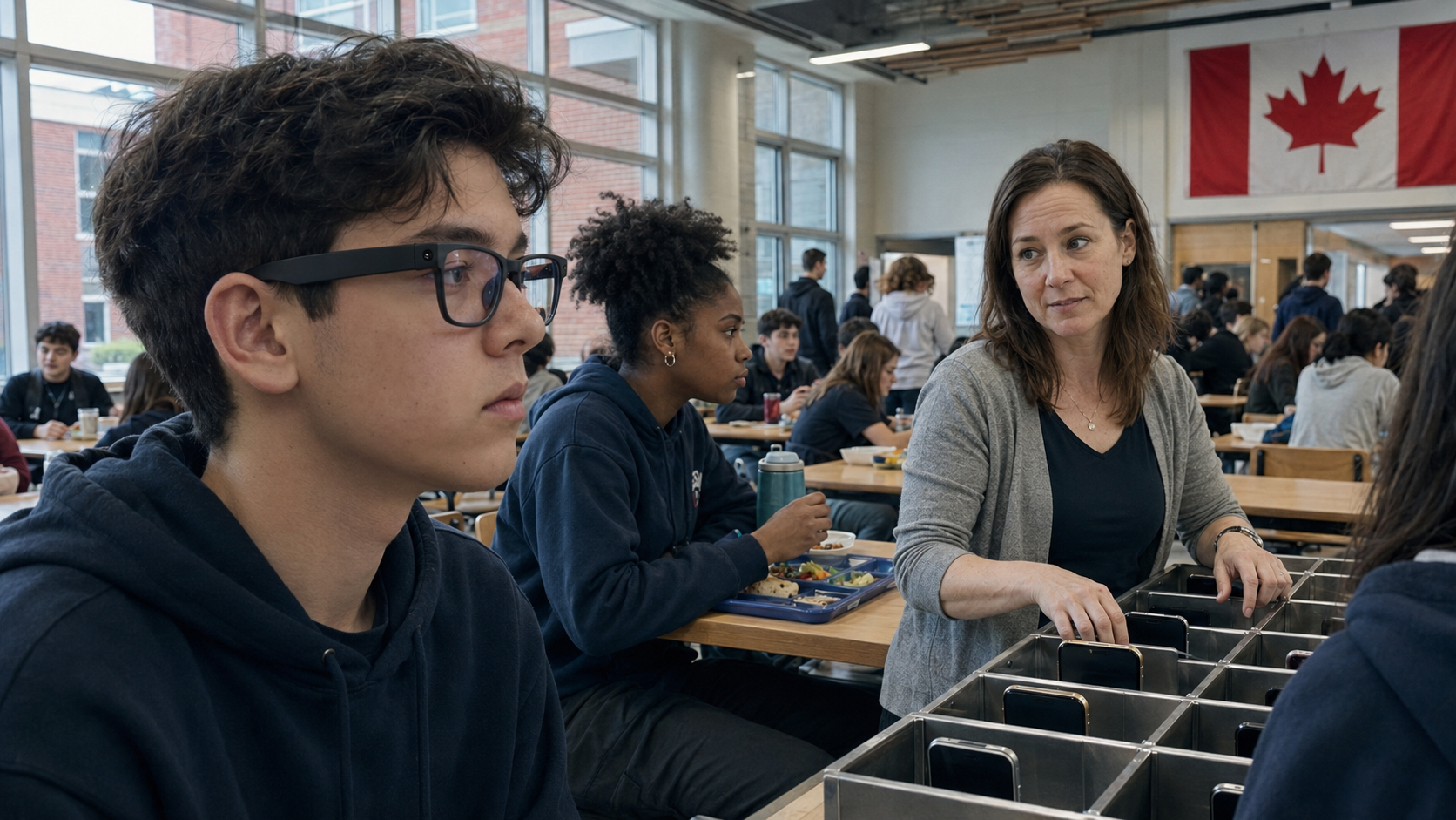 A student wearing dark-framed glasses sits in a busy school cafeteria while a woman stands beside a tray-return rack, with other students and a Canadian flag visible in the background.