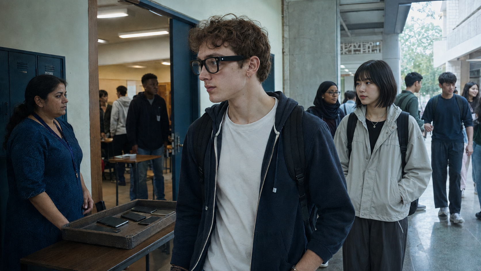 A student wearing glasses walks through a school entrance past a staff member, with other students nearby, illustrating how camera-equipped eyewear can enter through an unguarded door.