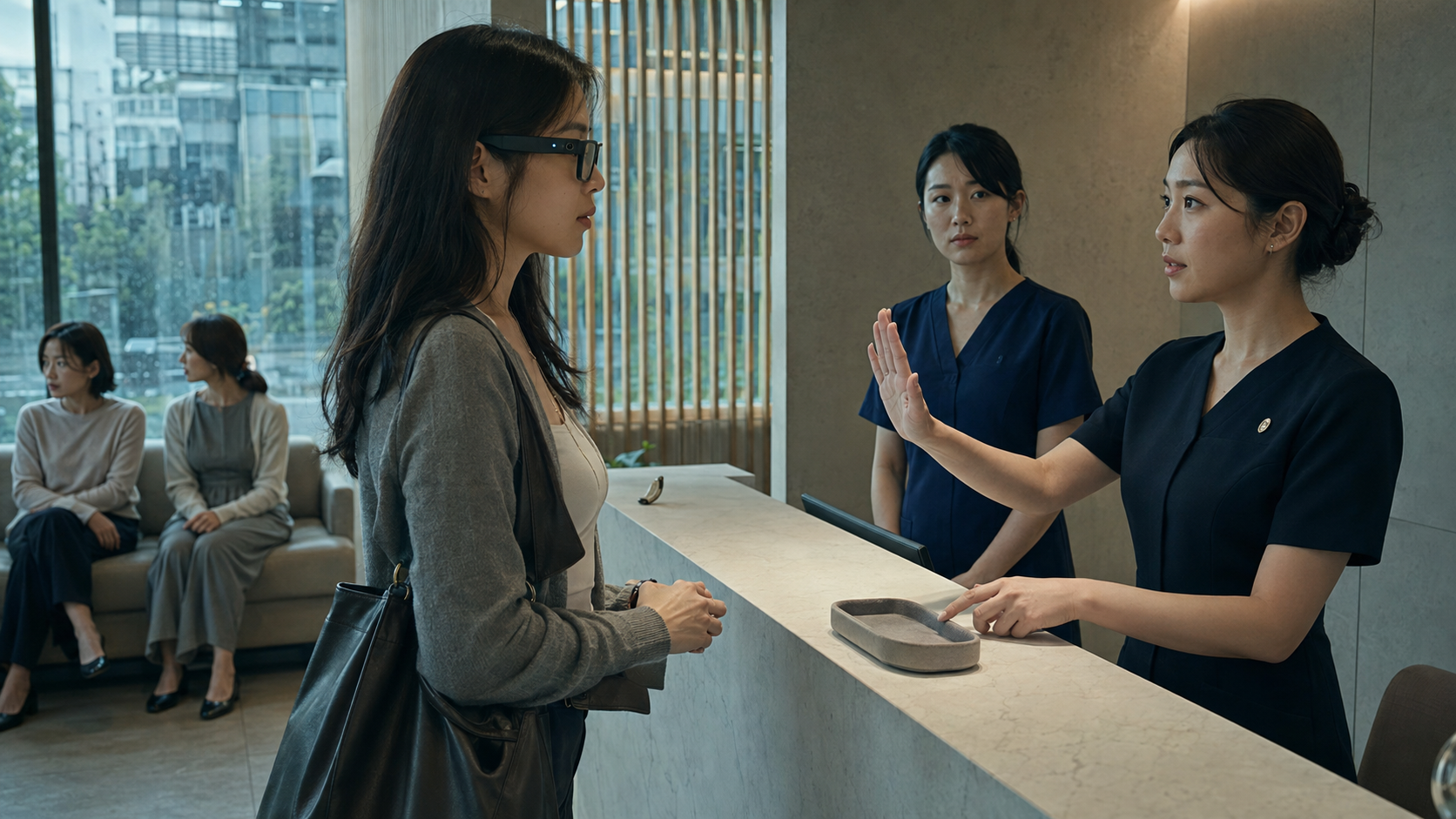 A staged reception scene in a women's clinic in Seoul: a visitor wearing dark smart glasses faces a receptionist who gestures toward a storage case, while another staff member stands nearby and two women observe from the waiting area.