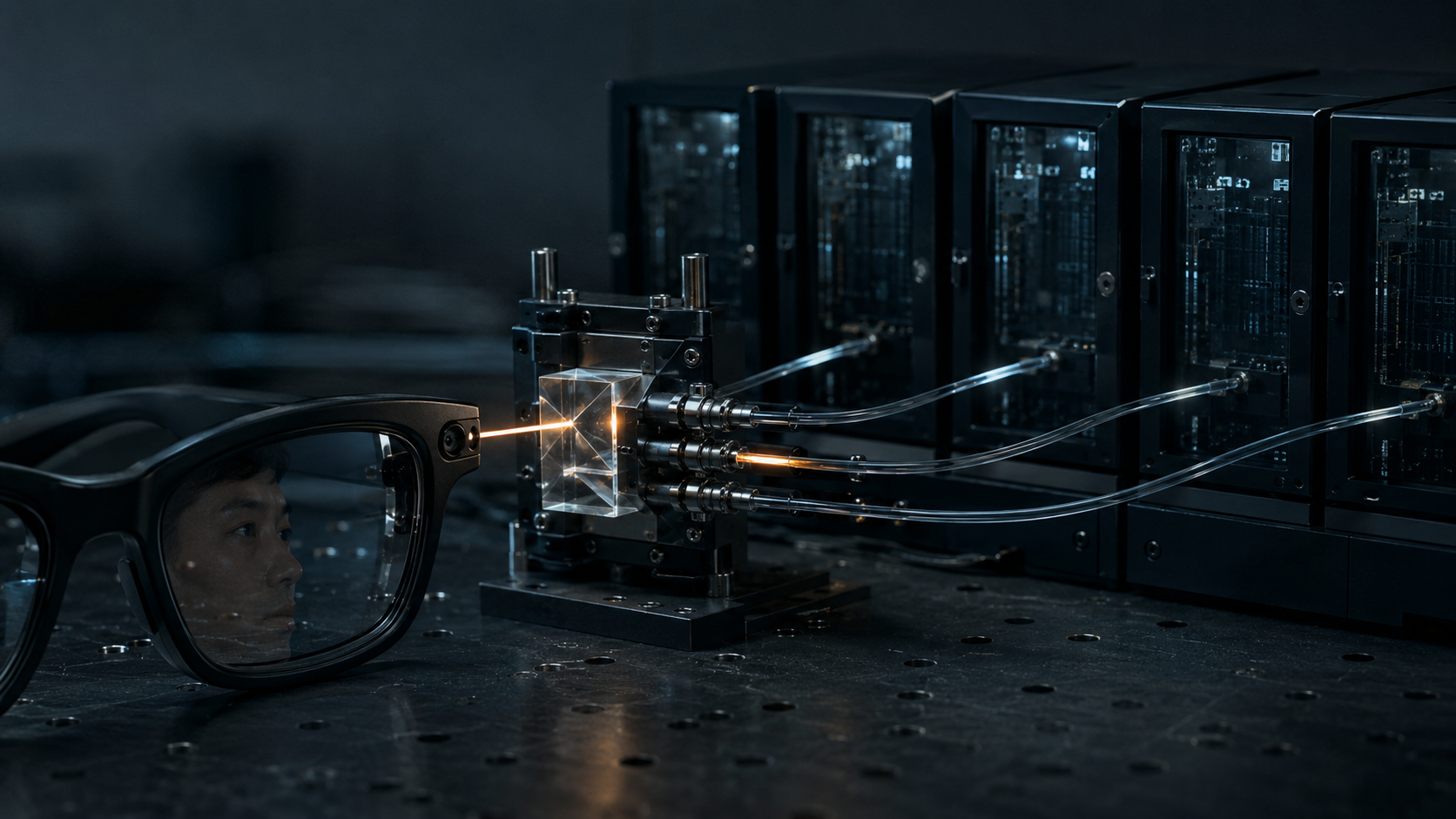 A pair of smart glasses sits beside a glowing optical device connected by cables to several dark server racks, illustrating different cloud processing destinations.