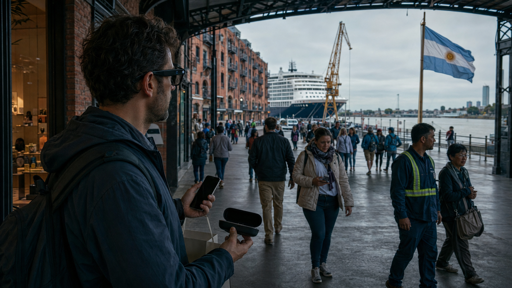 A documentary-style port walkway near a shopping area and tourist terminal, with a person wearing smart glasses holding a phone and a small device as pedestrians pass a cruise ship, port cranes and an Argentine flag.