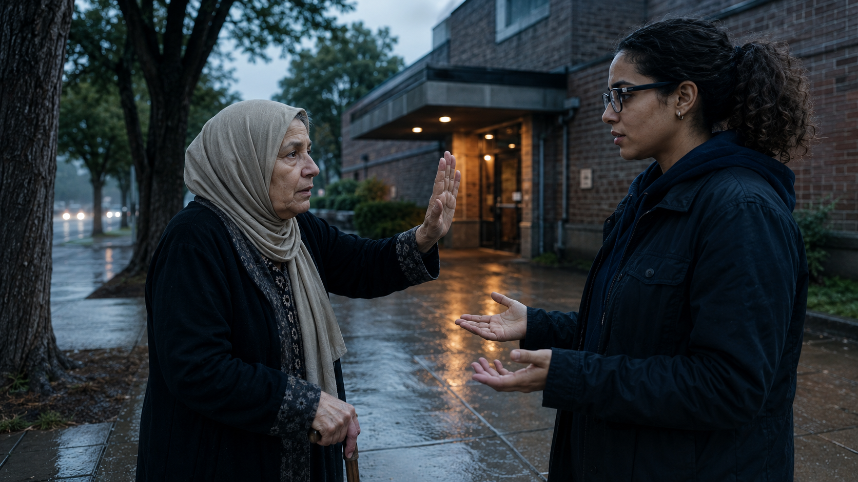 Two people speaking on a wet sidewalk outside a building, with one person raising a hand, illustrating a conversation about recording and consent.