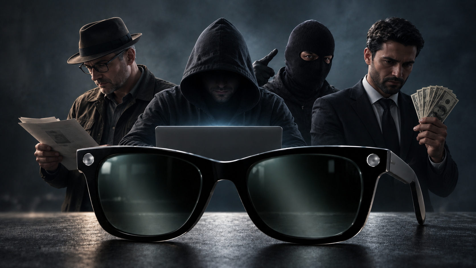 Black smart glasses in front of four shadowed figures representing corporate espionage, data theft, extortion and bribery.