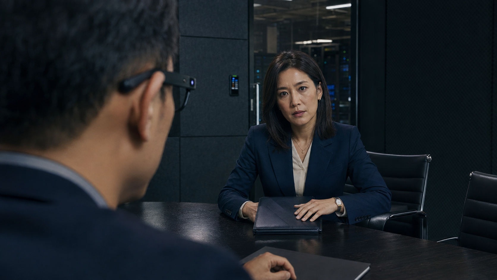 A person wearing dark-framed glasses is seen from behind across a conference table from a woman in a navy blazer holding a portfolio in a meeting room.