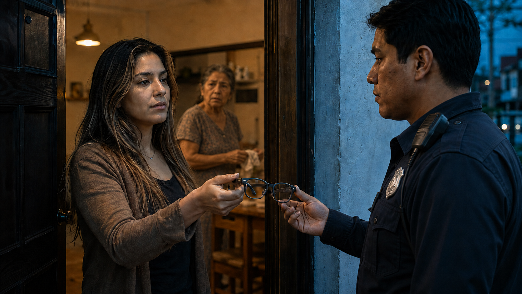 A woman hands a pair of smart glasses to a uniformed officer at a doorway.