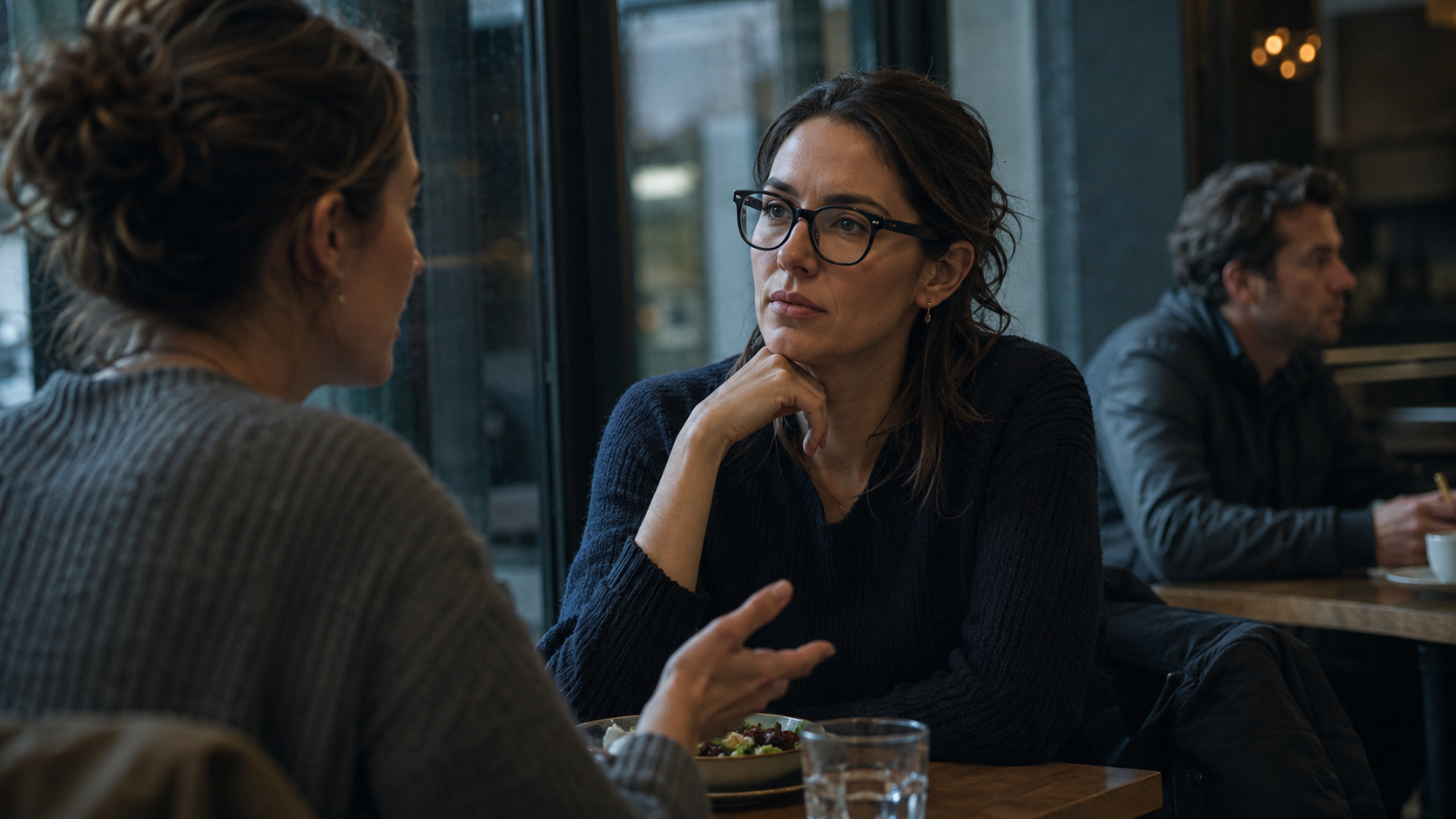Two people speaking in a café while a woman wearing smart glasses listens, illustrating privacy questions around always-on audio.