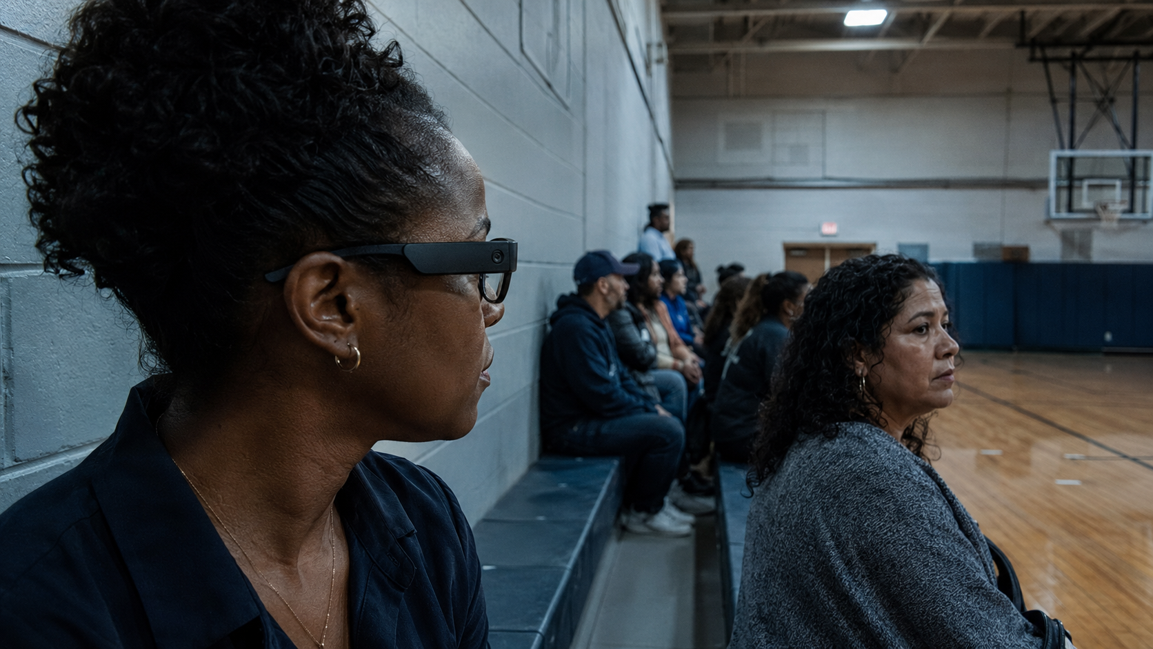 Woman wearing smart glasses seated beside another person in a gymnasium, illustrating questions about face recognition in everyday public spaces.