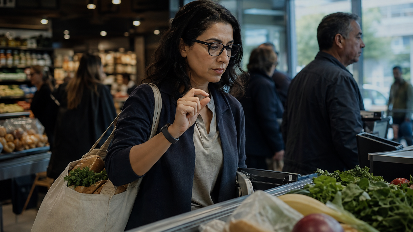 Woman using a small hand gesture while shopping in a busy grocery store, with other shoppers nearby, illustrating the visibility of wearable-device controls.