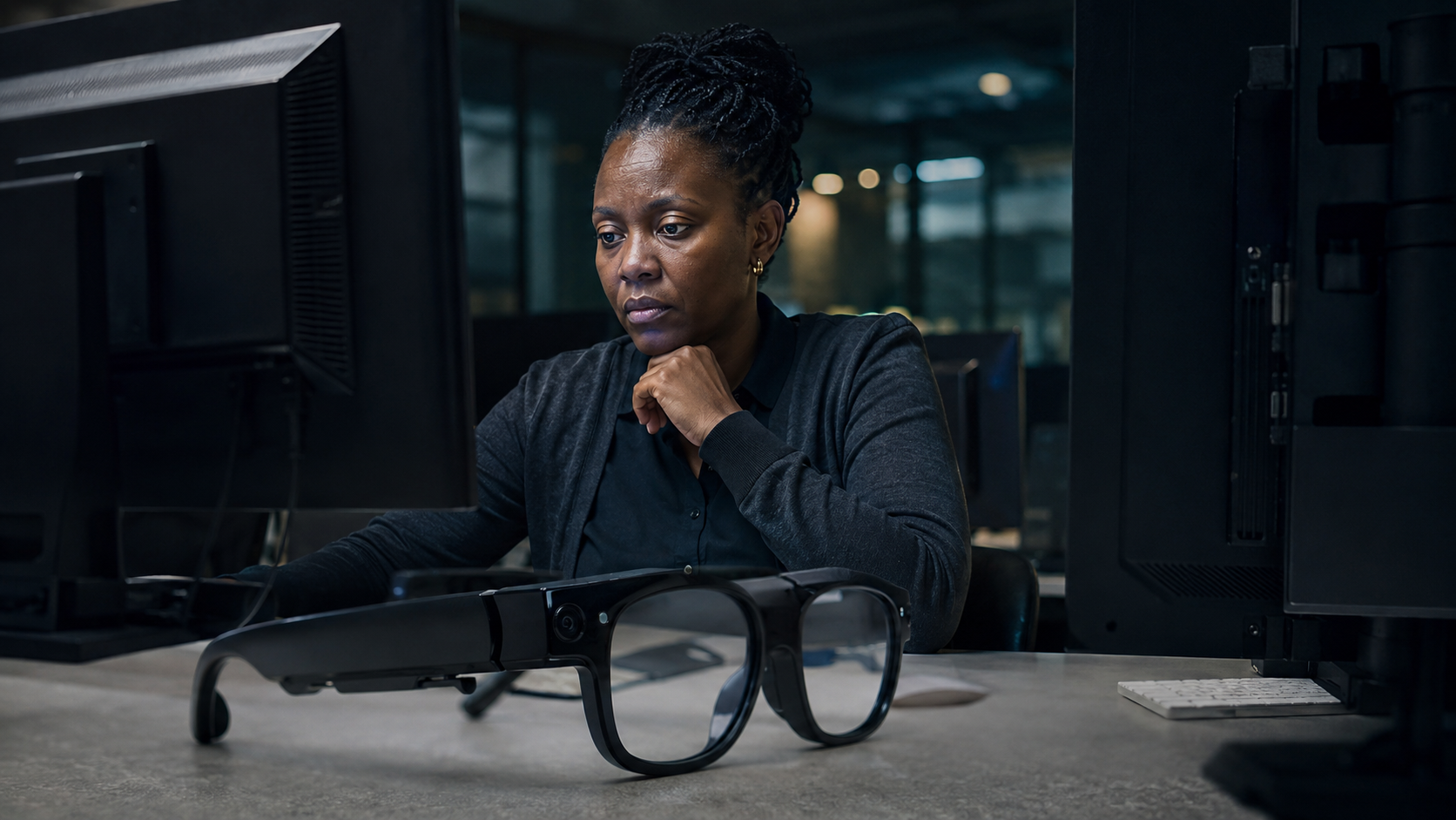 Woman reviewing smart-glasses footage at a workstation with camera glasses on the desk, illustrating human review and privacy risks.