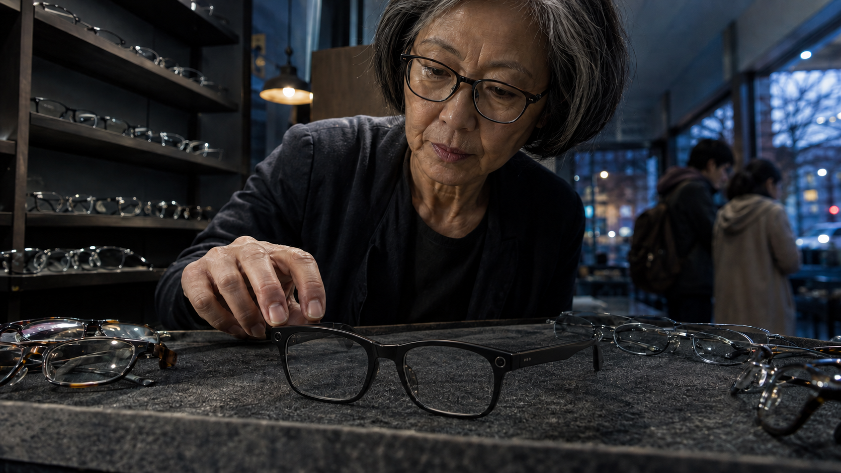 Woman examining smart glasses at an eyewear display, with other shoppers visible in the background, illustrating the normalization of wearable technology.