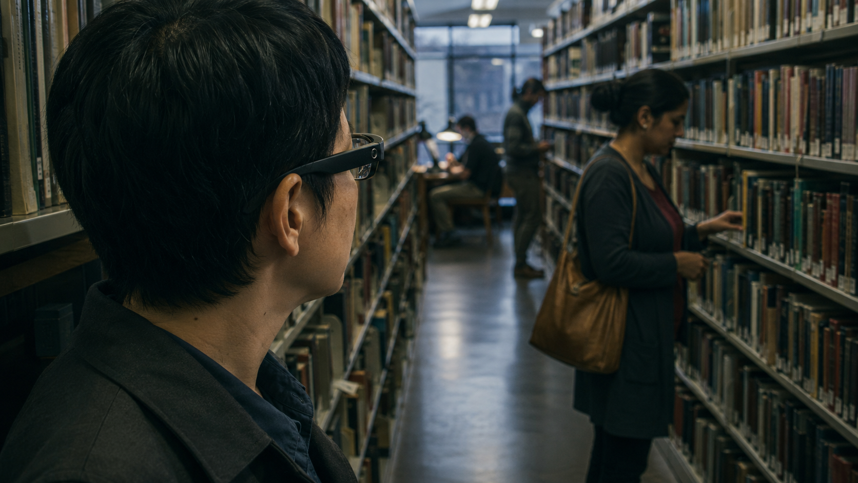 Smart-glasses wearer observing another person in a library, illustrating privacy questions around facial recognition and Name Tag features.
