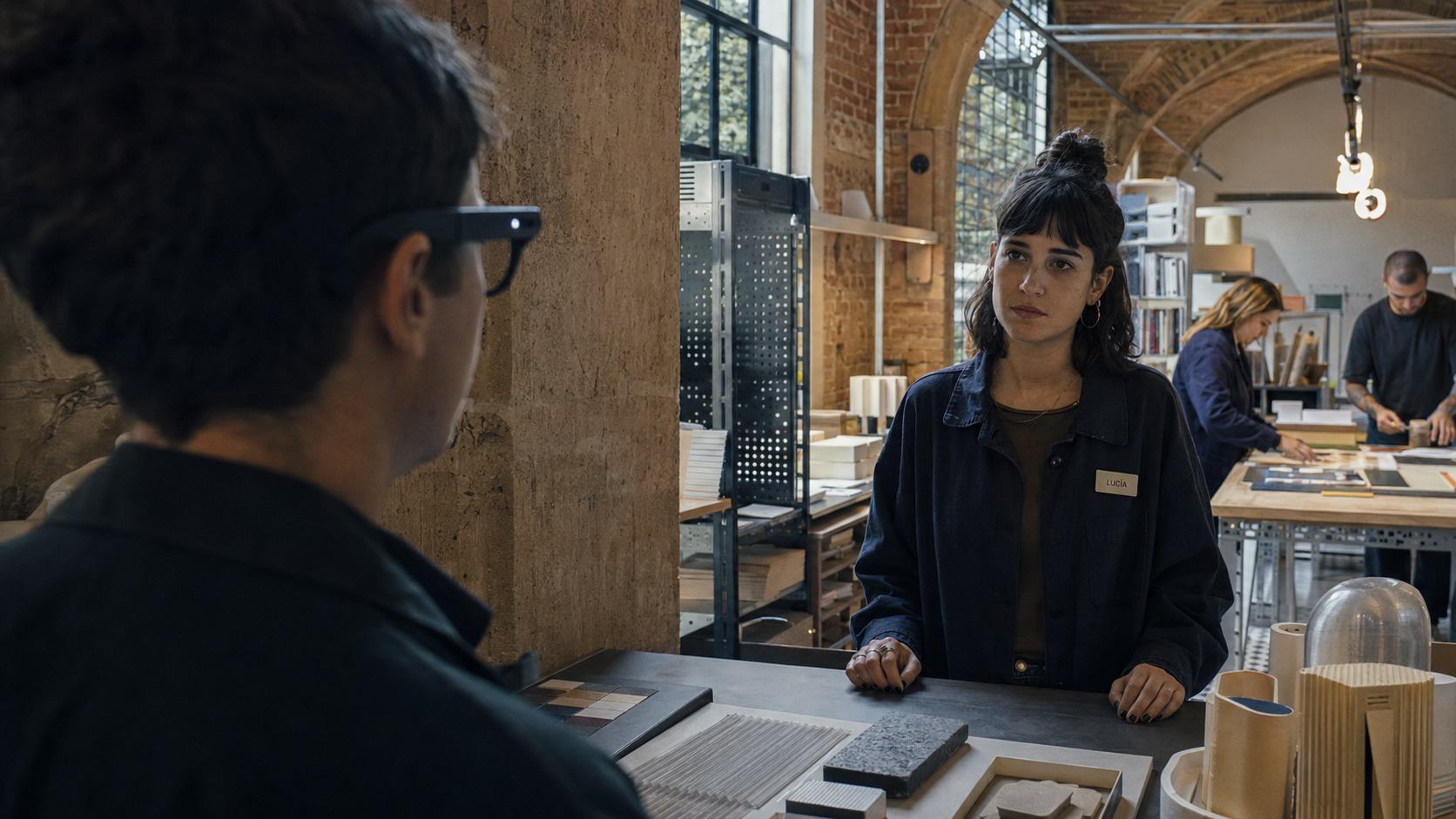 A person wearing black-framed glasses with a small dark module at the temple faces a woman wearing a name badge behind a counter in a brick-walled shop, with other workers and shelves in the background.
