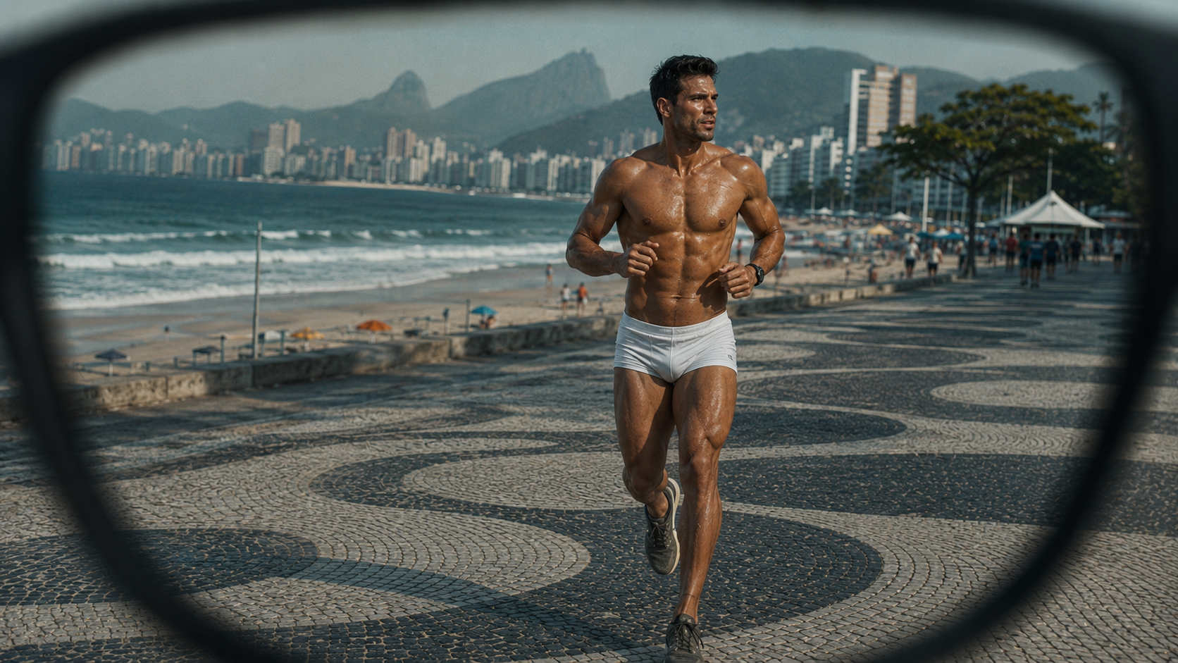 A runner on Rio de Janeiro's Copacabana promenade seen through a smart-glasses lens
