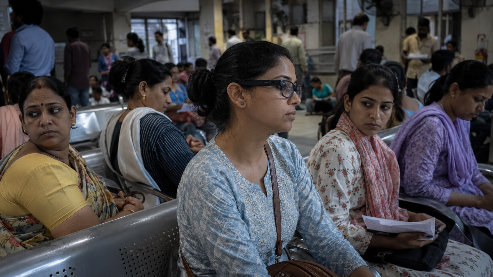 A crowded indoor waiting area with several seated and standing adults; a woman in glasses and a blue patterned top sits in the foreground while other people sit on metal benches and move through the background.