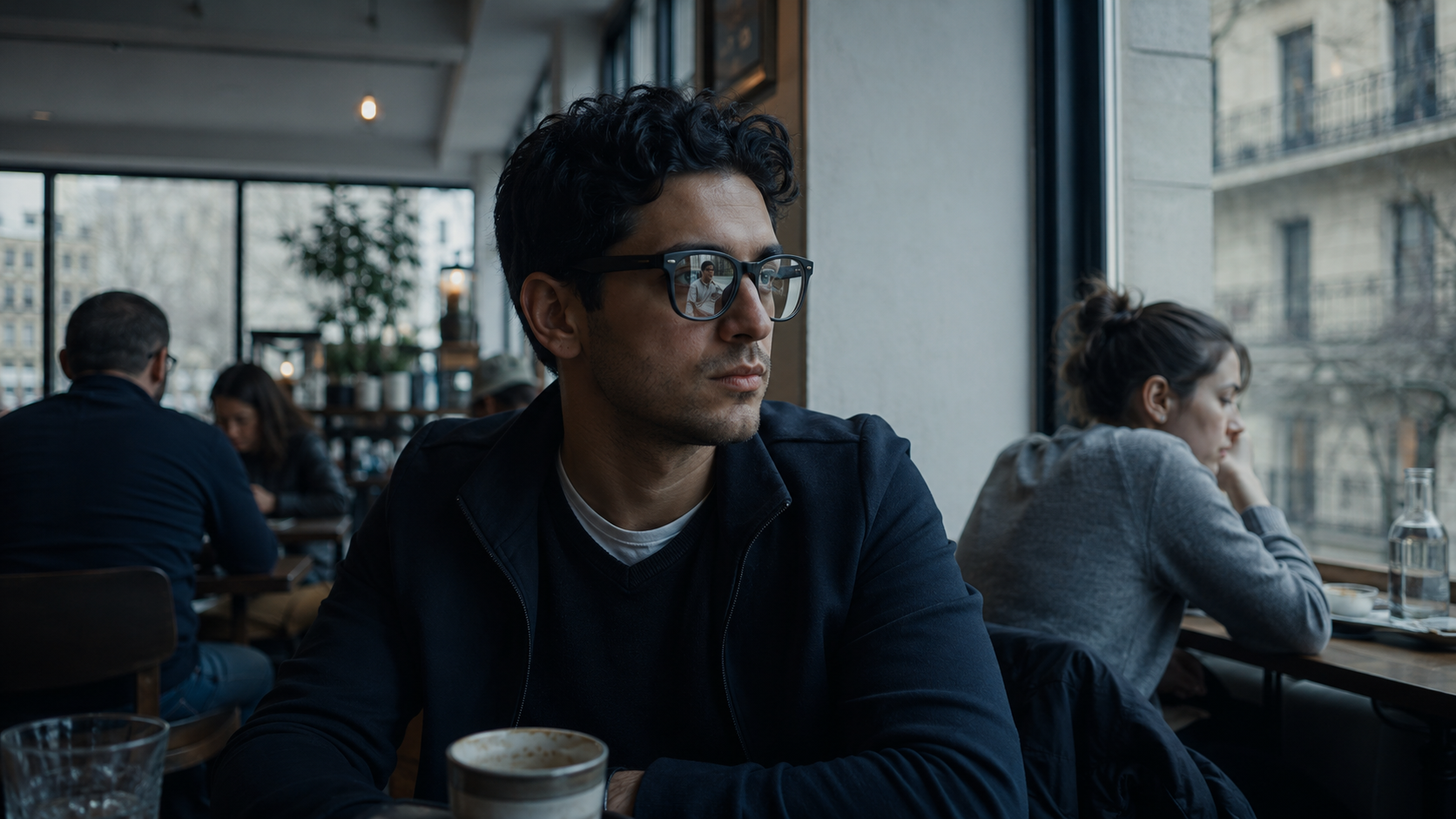 Smart-glasses wearer in a quiet café with an unaware bystander reflected in one lens, illustrating privacy risks beyond recording.