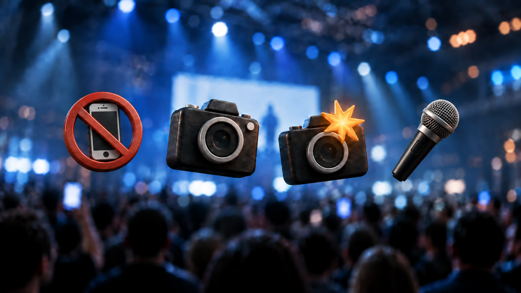 No-recording symbol, idle camera, recording camera and microphone icons floating above a crowd at a technology event.