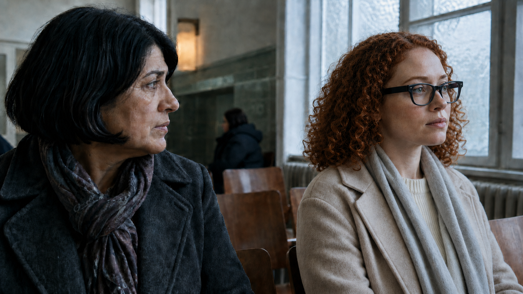 Two women sit in a public indoor space, with one wearing glasses, illustrating uncertainty about whether smart glasses are recording.