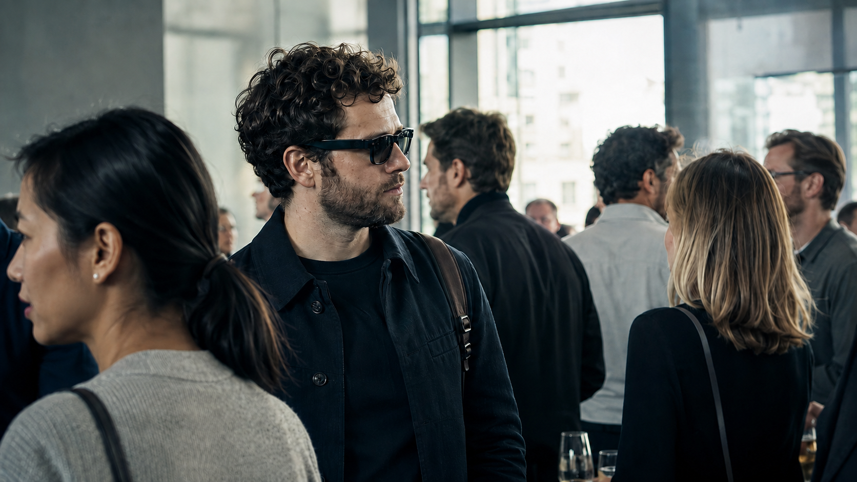 Smart-glasses wearer in a crowded indoor gathering surrounded by bystanders, illustrating the challenge of meaningful recording notice.