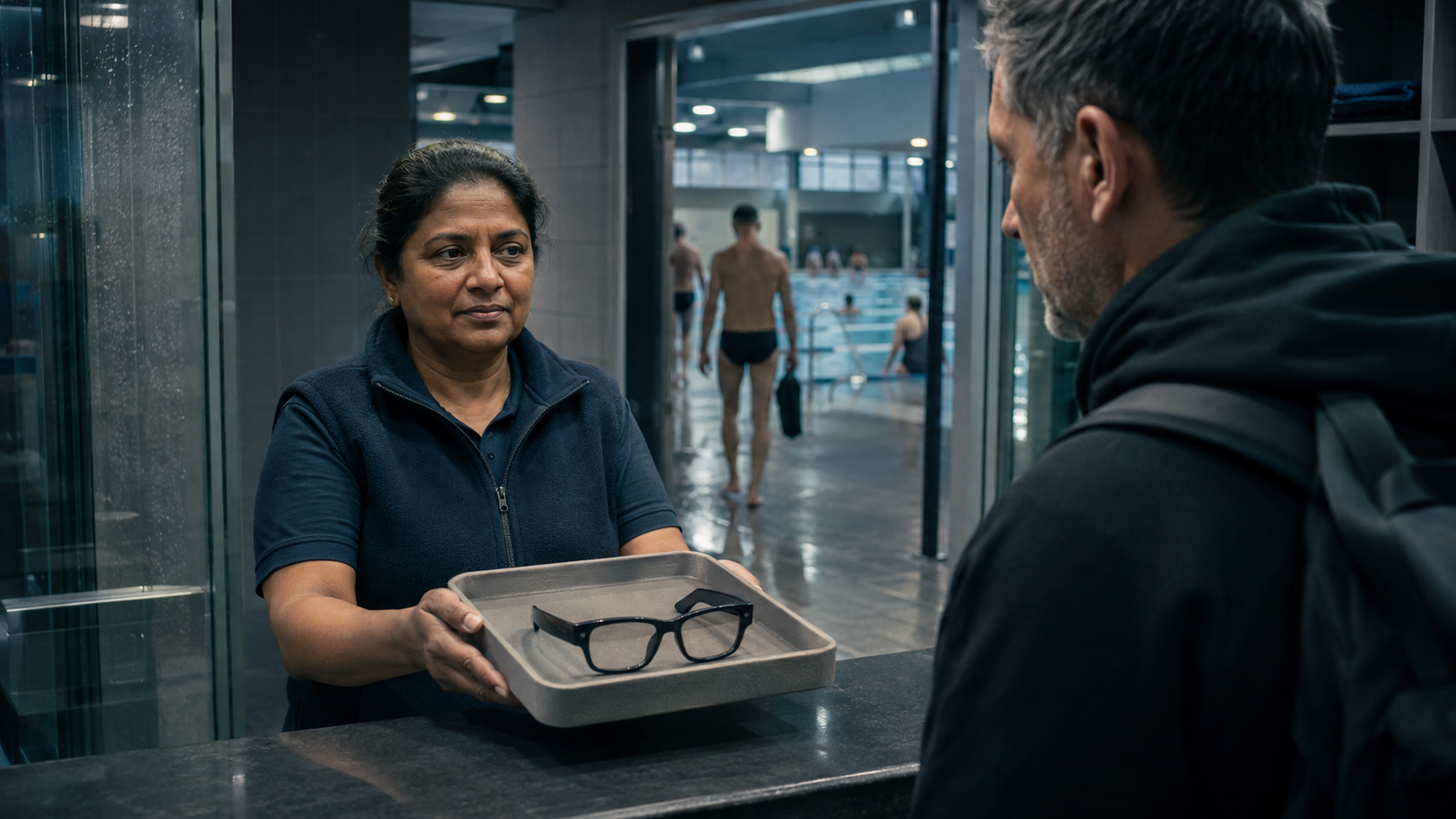 A woman presents a pair of smart glasses on a tray to a man at an indoor reception desk.