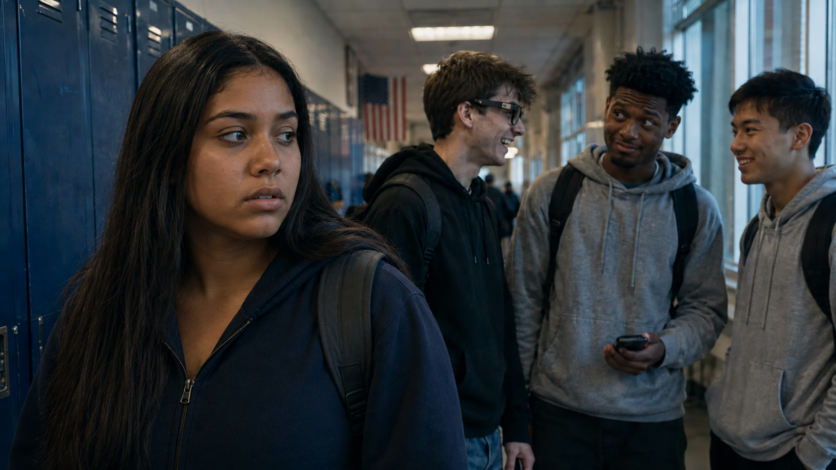 A student with a backpack looks back in a school hallway while three classmates stand nearby, including one wearing camera-enabled glasses and another holding a phone.