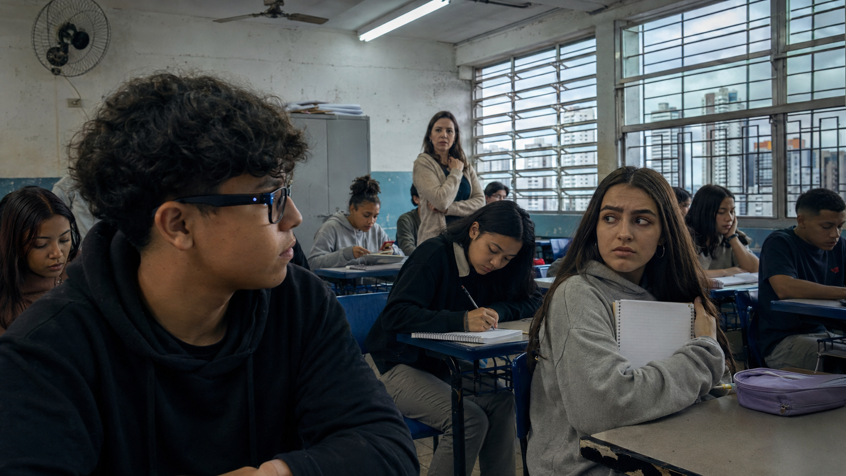 A staged classroom scene in São Paulo: a student wearing dark smart glasses turns toward a classmate, while other students work at desks and a teacher stands in the background.