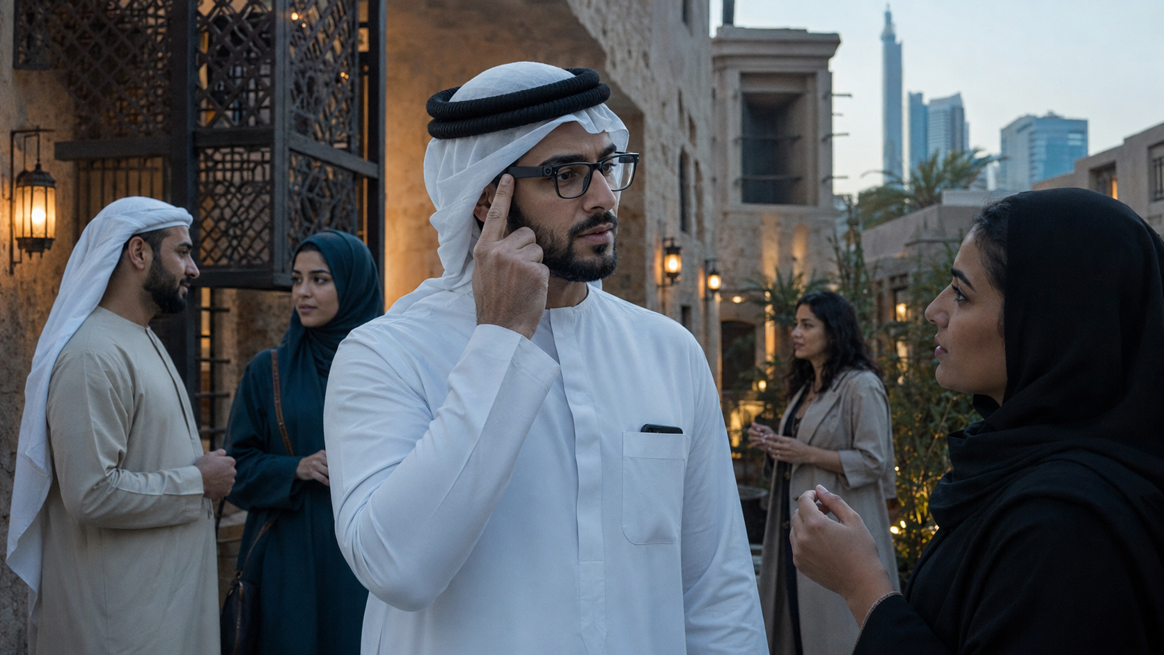 A man wearing dark-framed glasses touches the side of his frames while speaking with a woman in a busy outdoor courtyard, with other people and modern buildings behind them.