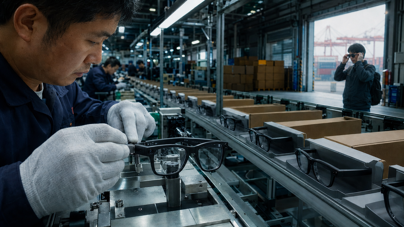 A worker wearing white gloves inspects black-framed glasses on a fixture beside a conveyor carrying more glasses, while another person wearing glasses stands near an open factory entrance in the background.