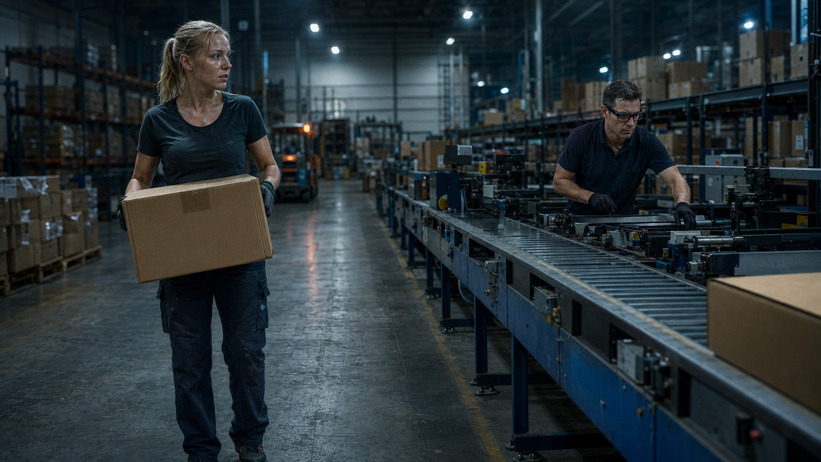 Warehouse workers beside a conveyor belt, with one wearing camera glasses, illustrating workplace deployment and bystander privacy.