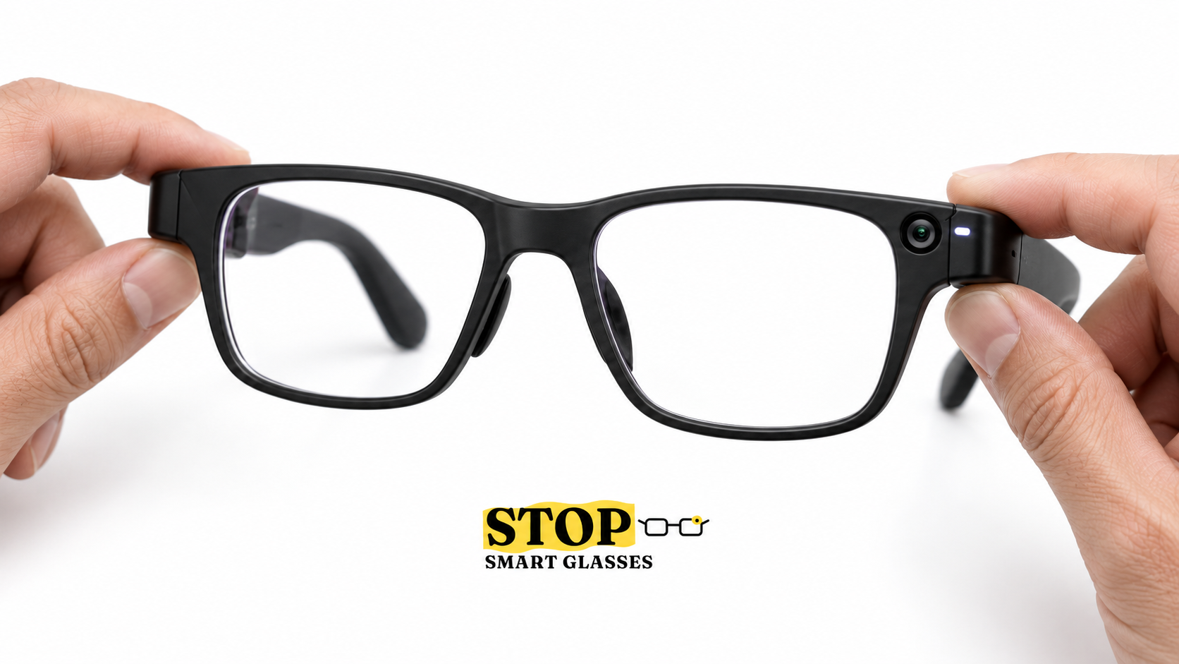 Two hands hold black camera-equipped glasses against a white background above the Stop Smart Glasses logo.