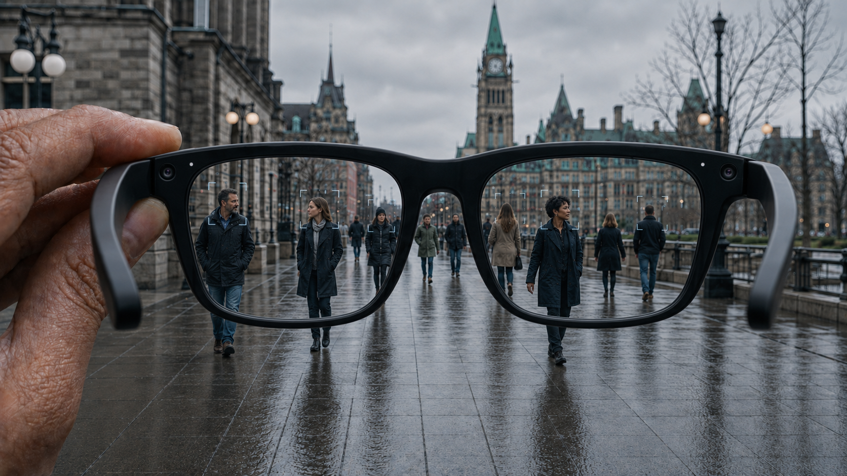 A hand holds camera-equipped glasses toward pedestrians on a rainy Ottawa walkway, with Parliament buildings visible beyond the lenses.