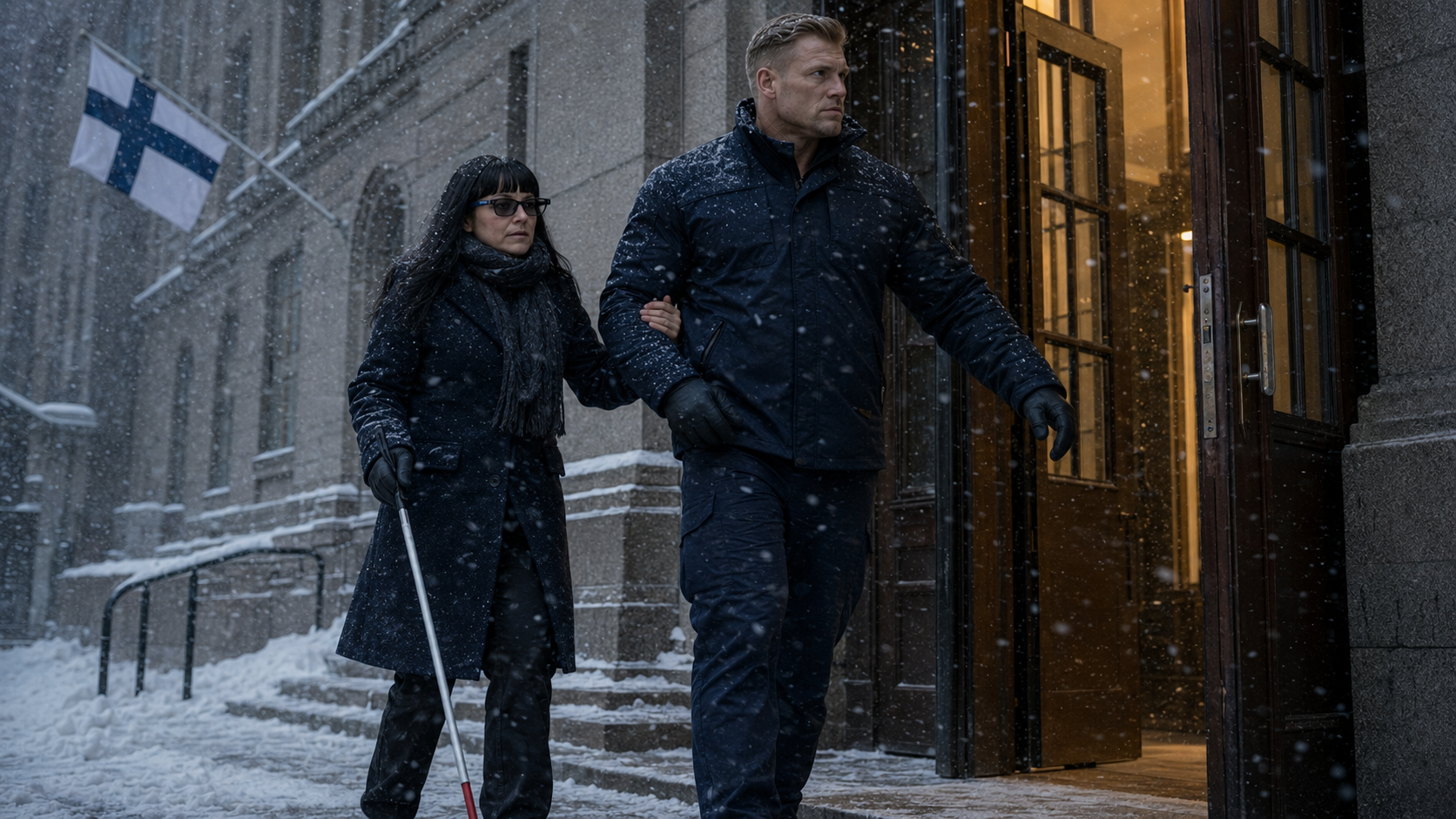 A woman wearing dark glasses and holding a white cane walks arm in arm with a man through falling snow outside a building with a Finnish flag.