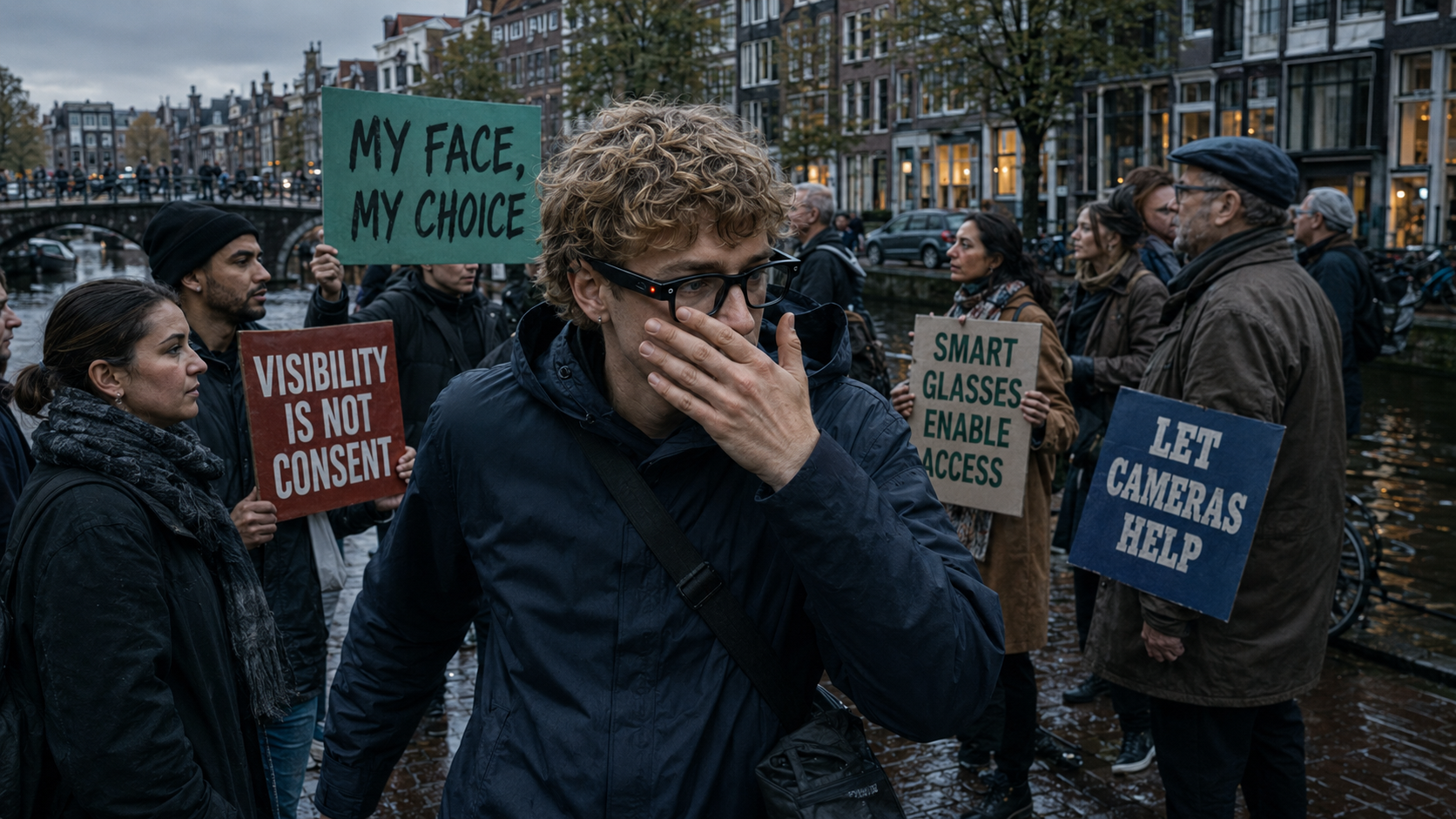 A person wearing camera-enabled smart glasses walks through a canal-side demonstration with one hand over their mouth, surrounded by signs reading Visibility is not consent, My face, my choice, Smart glasses enable access, and Let cameras help.